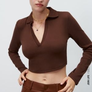 ❌SOLD❌ Zara Brown Cropped Ribbed Polo